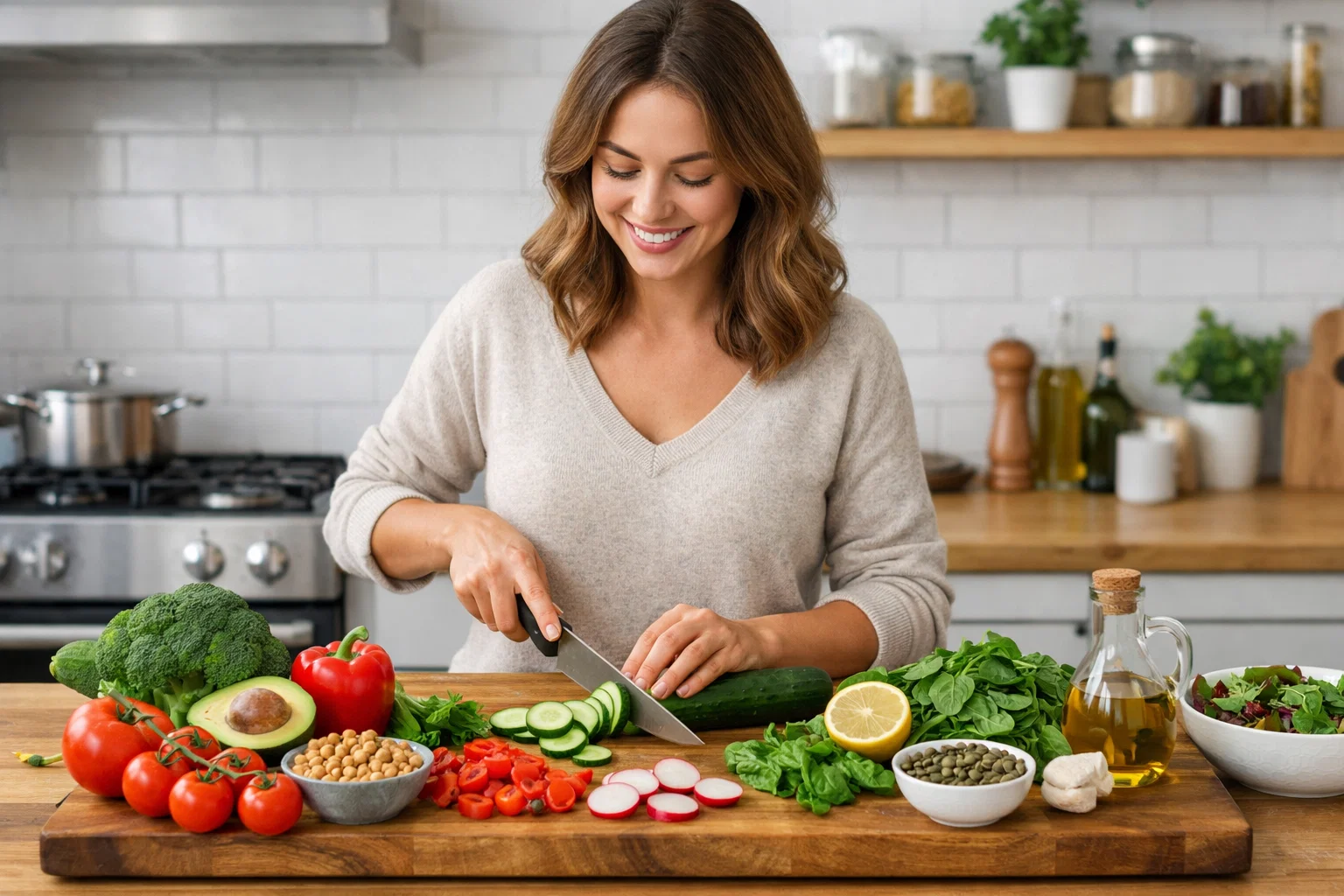 Woman preparing healthy meal in modern kitchen with fresh vegetables and ingredients on wooden cutting board
